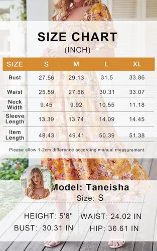 Vista 6 de PRETTYGARDEN Vestidos de verano con estampado floral bohemio para mujer, cuello cuadrado, manga abombada, acampanado, vestido largo casual fruncido