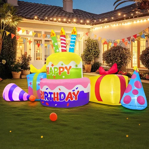 Vista 4 de Decoración inflable de pastel de cumpleaños feliz de 8 pies con velas, decoraciones inflables para patio exterior, luces LED integradas para fiestas