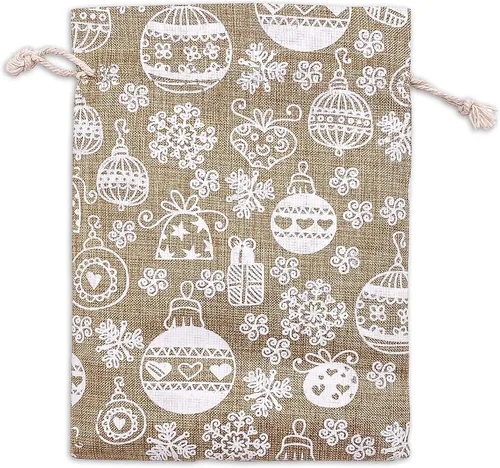 Vista 19 de 48 paquetes de 3x4 bolsas de regalo reutilizables de yute y arpillera con cordones (Feliz Navidad, X-Pequeño) - para regalos, favores de fiesta