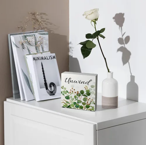Vista 2 de Decoración de baño de granja verde salvia, letrero de caja de madera con frase "Breathe Quotes", decoración de estantes, artículos pequeños de Unwind