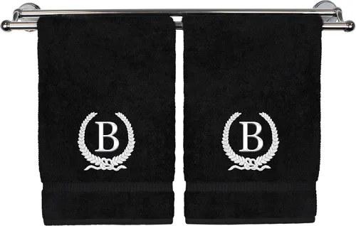 Vista 136 de Toalla de mano con monograma, regalo personalizado, 16 x 30 pulgadas, letra blanca bordada con diseño de corona en toalla negra, extra absorbente