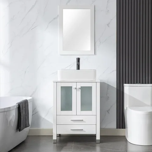 Vista 25 de LUCKWIND Combinación de tocador de baño de 24 pulgadas con lavabo, serie elegante con marco pintado, armario de almacenamiento de baño de dos