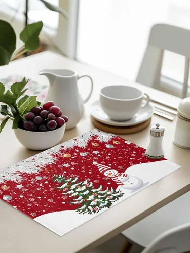 Vista 8 de Juego de 6 manteles individuales de Navidad, árbol de Navidad, muñeco de nieve, copos de nieve, agujas de pino, manteles individuales rojos
