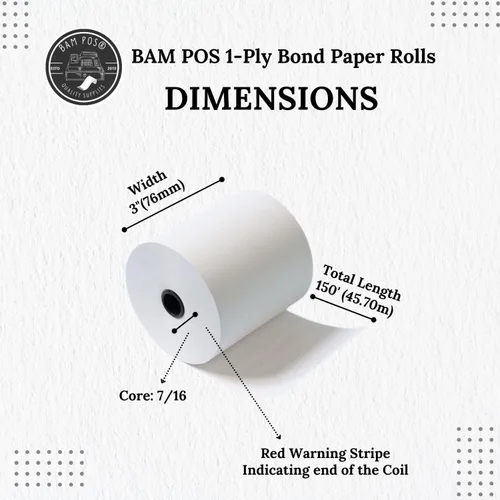 Vista 5 de BAM POS Rollos de papel de recibo de 3" x 150' 1 capa Bond (No Térmico) para impresoras de impacto de cocina TMU200, SRP275 Star SP700 – Adecuado