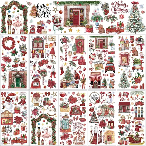 Vista 9 de Lincia - 10 hojas de calcomanías navideñas para manualidades y muebles, calcomanías de transferencia por fricción, muñeco de nieve, gnomo, reno