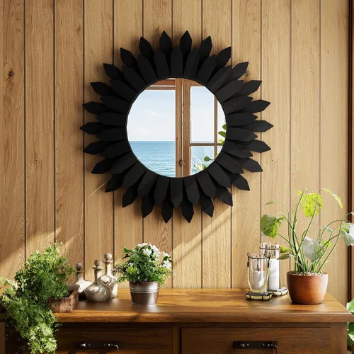 Vista 6 de Espejo de Pared Boho de 20 Pulgadas Negro con Diseño de Rayos de Sol - Espejo Circular de Madera para Pared, Espejo Circular Rústico Hecho a Mano