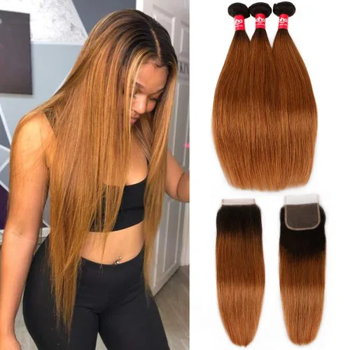 Vista 16 de Extensiones de cabello humano marrón con reflejos de Haha con cierre, extensiones lisas con cierre ombre, extensiones de cabello humano con cierre