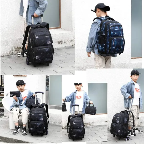 Vista 7 de VIDOSCLA Elementary Galaxy - Mochila con ruedas para adolescentes, mochila con ruedas para la escuela, Negro Azul-3pcs 6 Ruedas, 6 ruedas 3 piezas