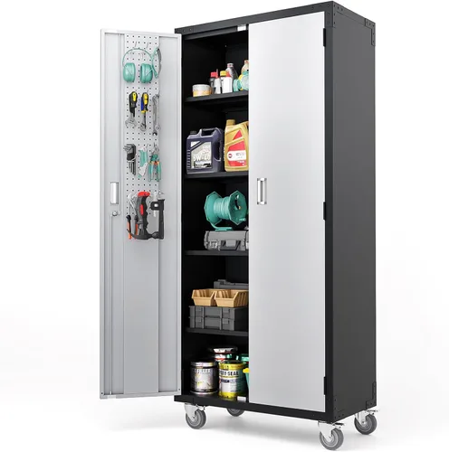 Vista 15 de VINGLI Armario de Pared para Garaje con Puertas con Cerradura y Estante Ajustable, Gabinete de Pared de Metal, Gabinete de Almacenamiento Superior