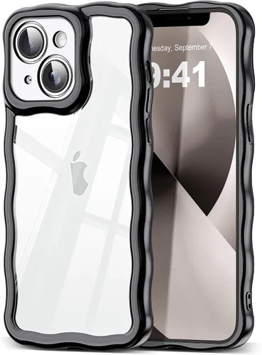 Vista 101 de SKYLMW Funda compatible con iPhone 12 Pro, diseño de ondas rizadas kawaii, borde chapado de lujo, elegante parte trasera transparente brillante, TPU