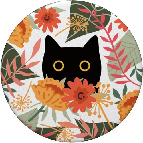 Vista 3 de Divertido gato negro escondido en flores de primavera floral verde salvia PopSockets intercambiables PopGrip