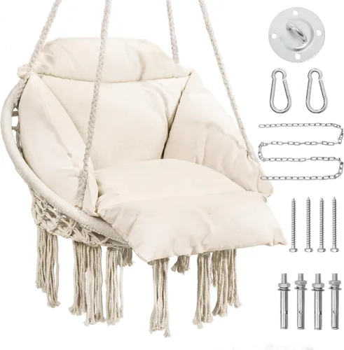 Vista 10 de KROFEM - Silla columpio de macramé, silla colgante para dormitorio, cojín grueso Gris ordinario