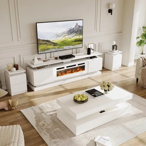 Vista 16 de 2 Piece Modern Table Set Includes 70" Fireplace TV Stand & 47" Coffee Table with Charging Station and USB Ports, for Living Room, Black