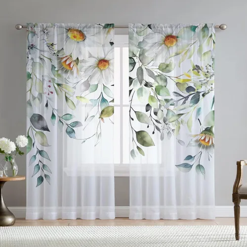 Vista 13 de Cortinas de hojas de eucalipto verdes para sala de estar de 63 pulgadas de largo, juego de 2 paneles elegantes de flores silvestres con estampado