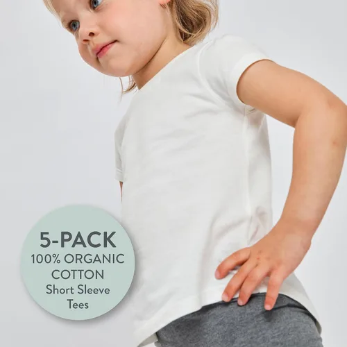 Vista 2 de HonestBaby Paquete de 5 Camisetas Tipo T-Shirt de Manga Abombada para Bebés Niñas, 100% Algodón Orgánico, para Bebé, Niño Pequeño, Niña Pequeña, Niña