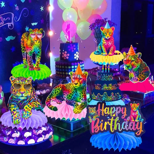 Vista 7 de Centros de mesa de nido de abeja de leopardo y arcoíris neón, decoración de fiesta de cumpleaños, decoración de fiesta de cumpleaños con estampado