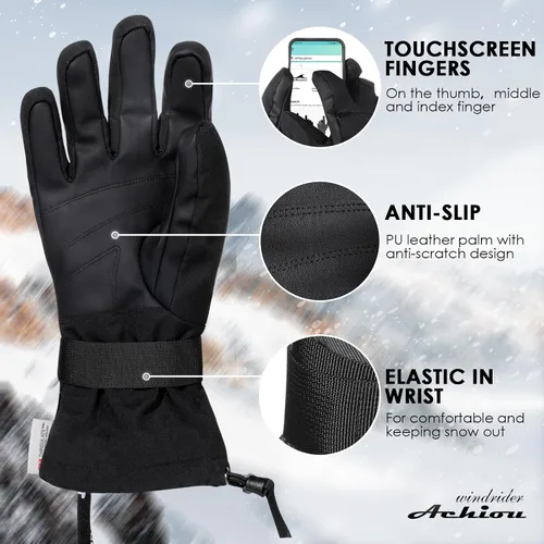 Vista 4 de Achiou Guantes de esquí impermeables para snowboard, guantes de invierno para clima frío para hombres y mujeres, guantes de nieve con pantalla táctil