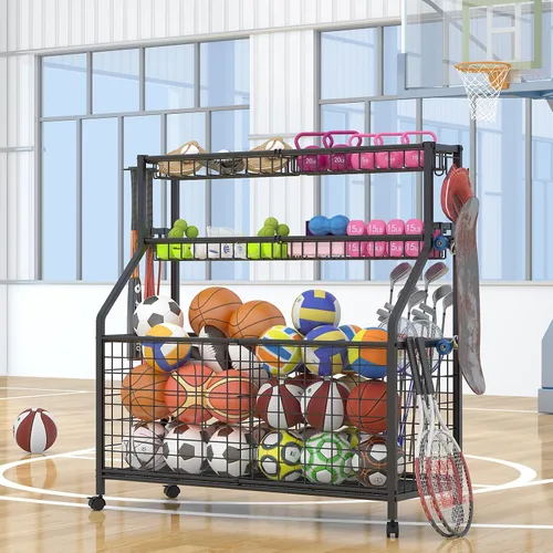 Vista 2 de Estante de almacenamiento de bolas, carrito organizador de equipo deportivo grande para garaje, gimnasio en casa, almacenamiento de equipo deportivo