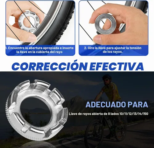 Vista 6 de Herramienta de llave de radios de bicicleta, herramienta de borde de radios 6 en 1 de acero endurecido para ajustar y reparar la tensión de la rueda