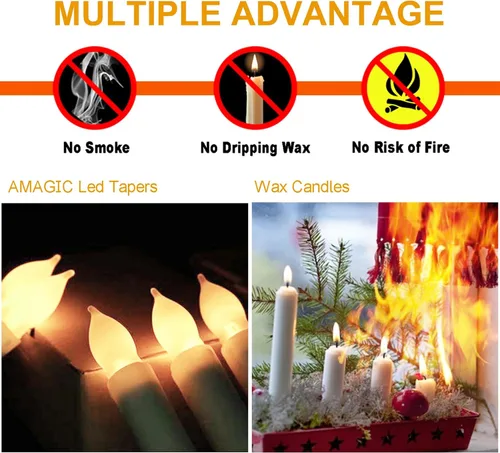 Vista 6 de Amagic 12 velas LED cónicas sin llama, sin control remoto, velas flotantes mágicas colgantes, candelabros a pilas, velas falsas eléctricas