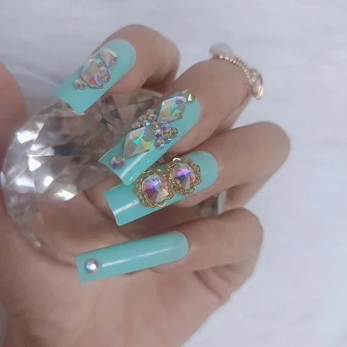 Vista 2 de Uñas postizas negras a presión con gemas de lujo, con diamantes de cristal, uñas postizas largas con barra de aguja, 24