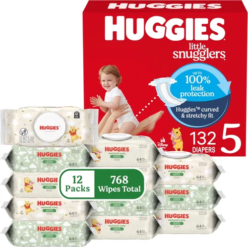 Vista 11 de Paquete de Little Snugglers: Pañales de bebé Huggies Little Snugglers, talla 1 (8-14 lbs), 198 unidades y toallitas para bebé Huggies Natural Care
