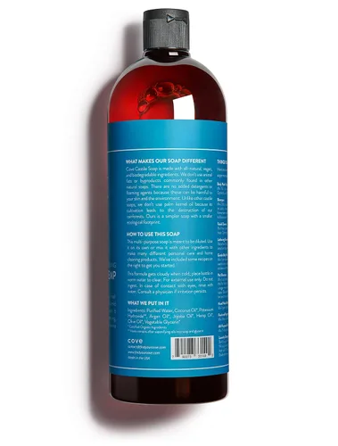 Vista 2 de Cove Jabón de Castilla sin perfume – 1 litro / 33.8 fl oz – Aceites orgánicos de argán, jojoba y cáñamo