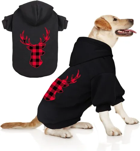 Vista 9 de Sudadera con capucha para perros pequeños, ropa para mascotas, diseño de lana cuadriculada negro, cálido y suave, transpirable, cómodo (Talla S)