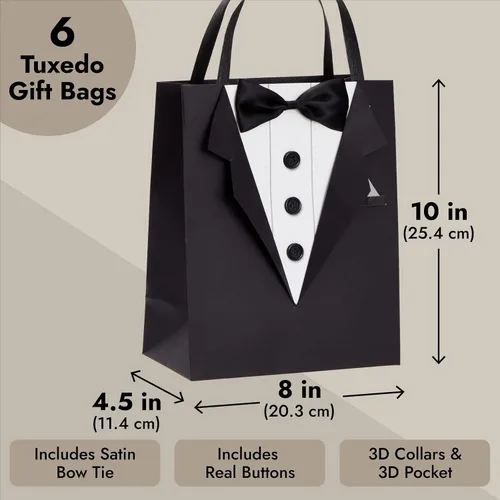 Vista 3 de Sparkle and Bash Bolsas de regalo para padrinos de boda con diseño de esmoquin 3D, pajarita de satén y botones reales, color negro, paquete de 6, 8