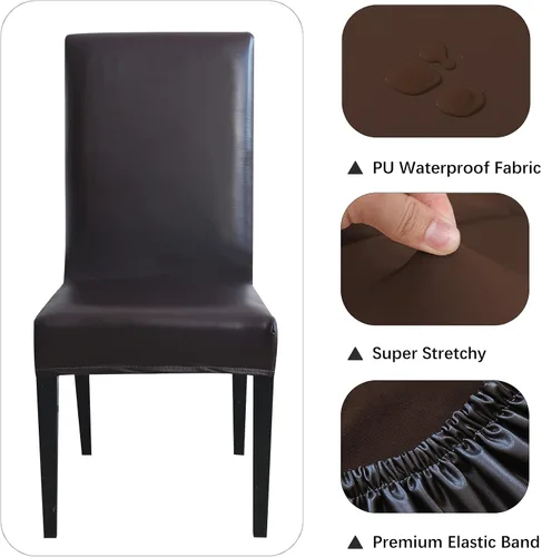 Vista 5 de Fundas para sillas de comedor, de piel sintética sólida, impermeable, a prueba de aceite, elásticas, fundas protectoras para sillas de comedor