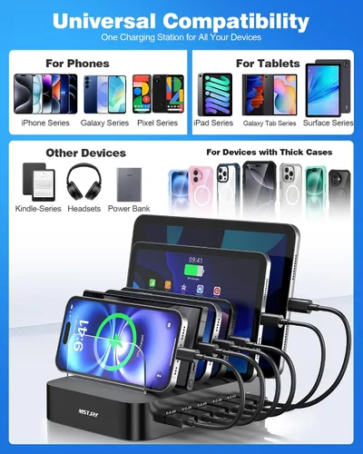 Vista 6 de MSTJRY Estación de carga para múltiples dispositivos: estaciones de carga USB de 6 puertos - Base de carga organizadora familiar para múltiples Negro