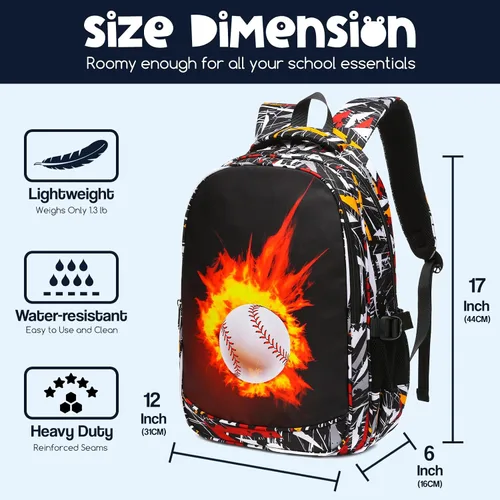 Vista 2 de FOKDUVB Mochila para niños, bolsas de libros escolares para jardín de infantes, primaria, preescolar, mochilas para niños, Béisbol de fuego B