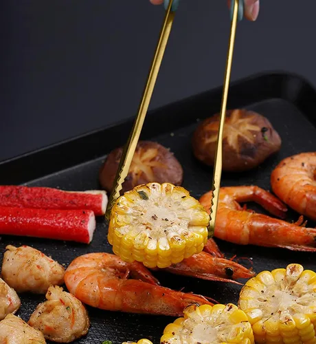 Vista 4 de Pinzas para servir alimentos para bufé, pinzas de acero inoxidable dorado, pinzas para servidor, barbacoa, parrilla, paquete de 5