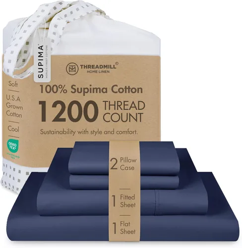 Vista 14 de Threadmill Sábanas de lujo de algodón Supima, sábanas de 100% algodón suaves de 1200 hilos de lujo para cama tamaño matrimonial, juego de 4 sábanas