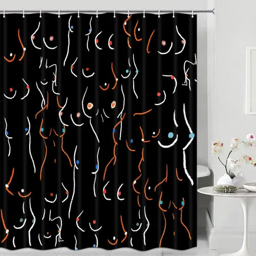 Vista 5 de JAWO Divertida cortina de ducha para baño, diseño de pechos divertidos, cuerpo femenino, divertido juego de cortinas de ducha de tela artística