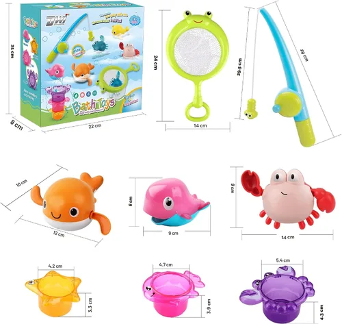 Vista 6 de Dwi Dowellin Juguete de baño para niños pequeños, juguete de bañera con juguetes de natación flotantes sin moho y tazas apilables, juego de pesca