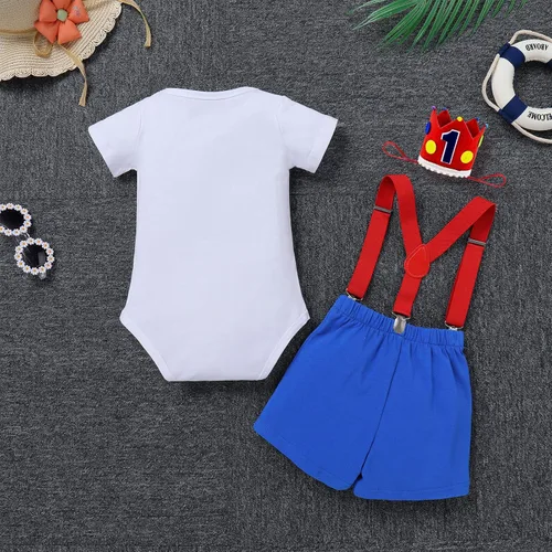 Vista 3 de IBTOM CASTLE Disfraz de carnaval de circo para el primer cumpleaños con temática de carnaval para bebé niño con tirantes y pajarita, sombrero