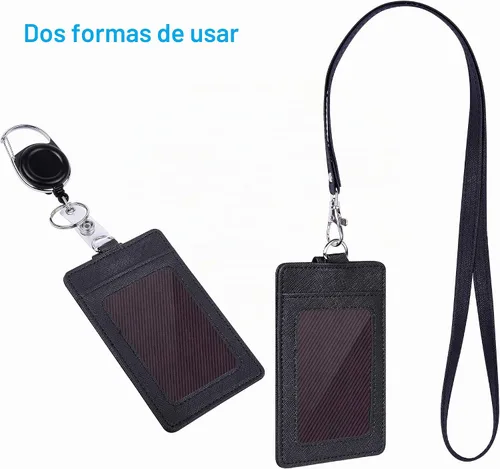Vista 5 de Wisdompro - Soporte retráctil para tarjetas con cordón y carrete, color negro PU Leather, 2-Sided ID Card Holder, with Carabiner Badge Reel Clip