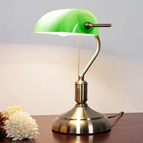 Vista 6 de Lámpara de escritorio retro de banqueros, lámpara de escritorio de estilo antiguo, pantalla de vidrio verde esmeralda con base de latón satinado e