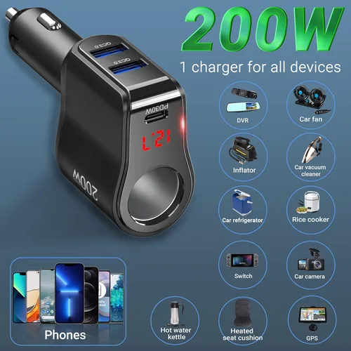 Vista 7 de Adaptador de cargador de coche PD USB C de 200 W: divisor de enchufe de encendedor de cigarrillos de 12 V Enchufe de CC de 12 voltios Toma