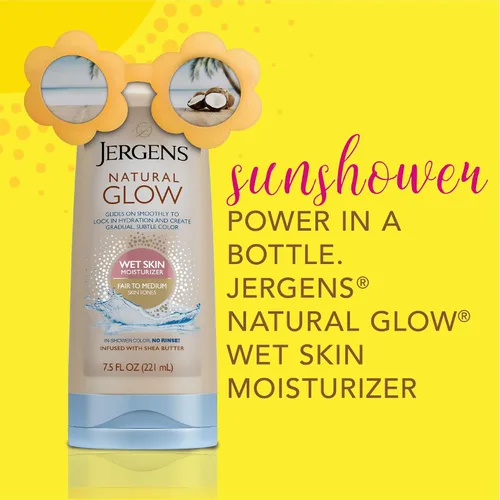 Vista 2 de Humectante para piel húmeda Natural Glow de la marca Jergens Bronceado sin sol, aplicación de piel húmeda, desarrollo gradual de color, resultados