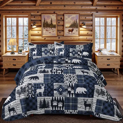 Vista 20 de Juego de 3 piezas de colcha tamaño King para cabaña, reversible, navideño, rústico, de microfibra, suave, ligera, de granja, con 2 fundas de 2-Oso