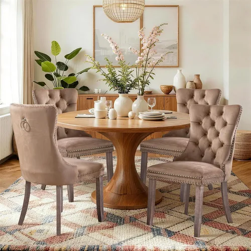 Vista 150 de SoarFlash Juego de 2 sillas de comedor de terciopelo, silla lateral de respaldo alto, silla lateral moderna tapizada de alta gama con botones Beige