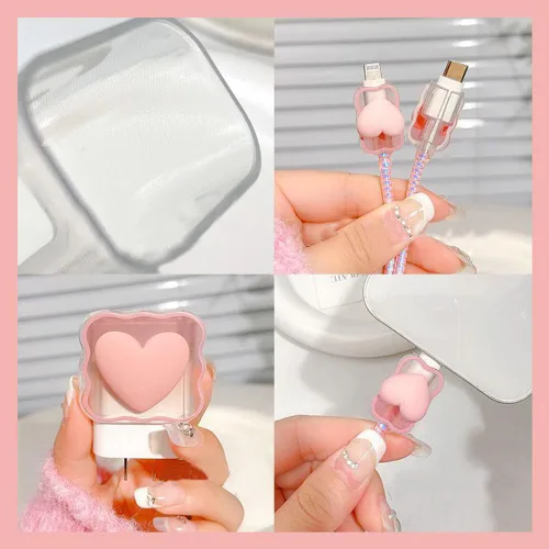 Vista 5 de Waves - Cable de datos con forma de corazón rosa de 18 W, 20 W, protector de cargador USB, protector de cable para auriculares, compatible