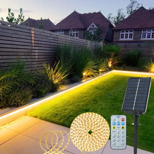 Vista 10 de Tira de luces solares de 50 pies para exteriores, tira de luz LED impermeable, encendido/apagado automático, tira de luces recargables de 8 modos