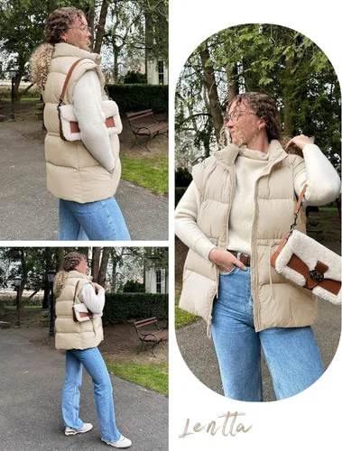 Vista 4 de Lentta Chaleco acolchado para mujer con cordón ajustable en la cintura ligero acolchado con cremallera y bolsillos