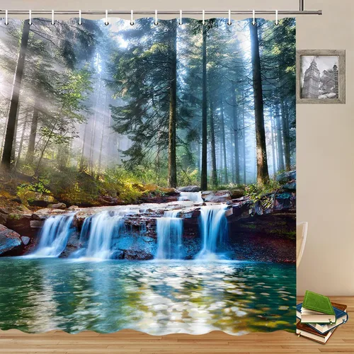 Vista 5 de Cortinas de ducha con cascadas, decoración de baño al aire libre con paisaje natural del bosque, sol, árbol, planta, paisaje del patio, cortinas