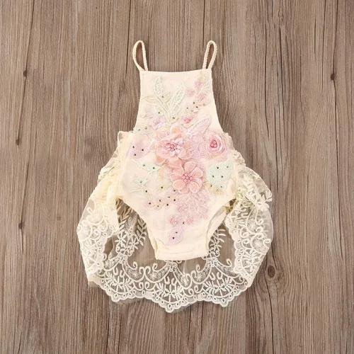 Vista 2 de Easisim Conjunto de ropa para bebé recién nacido, con bordado de encaje, halter, espalda descubierta, enterizo, enterizo, conjunto de traje de sol