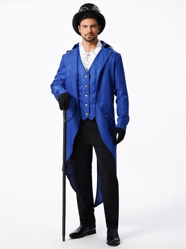 Vista 3 de Chaqueta larga estilo steampunk gótico medieval vintage para hombre, estilo victoriano, con botones, abrigo de golondrina, uniforme Azul