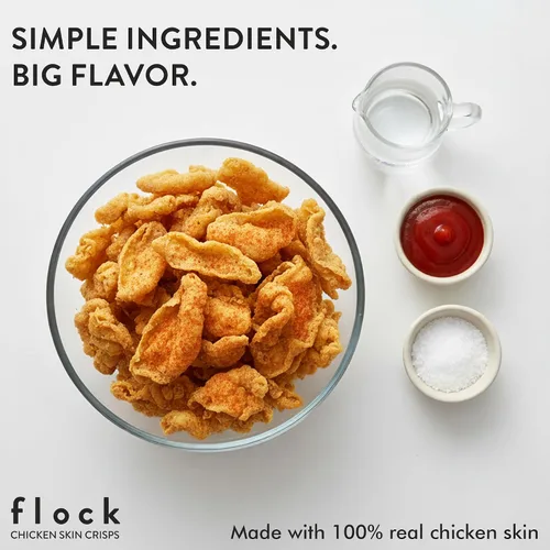 Vista 4 de Flock Chips de piel de pollo Keto Hattie B's Nashville Hot Flavor Pieles de pollo fritas bajas en carbohidratos, altas en proteínas, sin azúcar